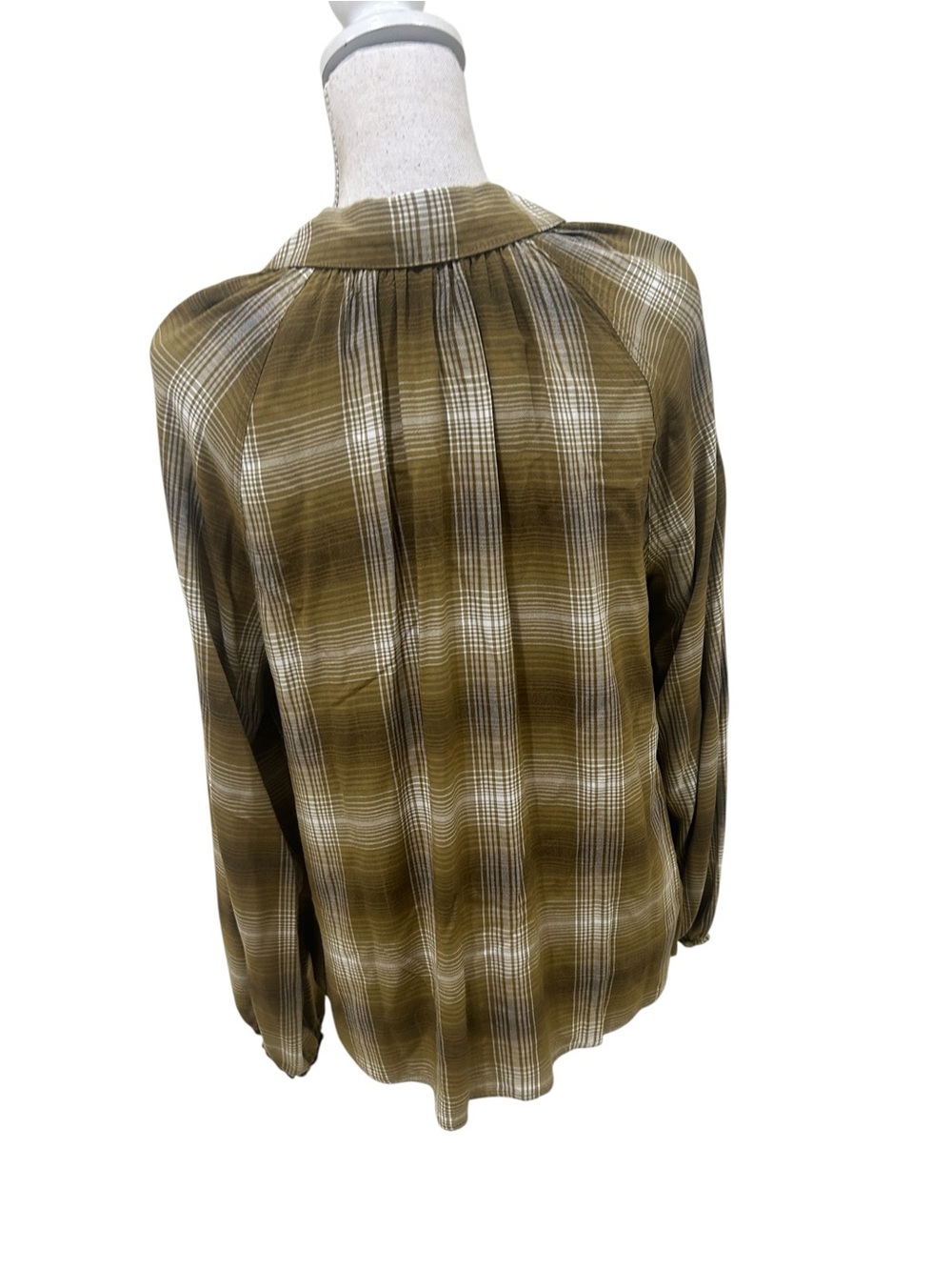 Blu Pepper Plaid Button-Down smocked peasant casual Shirt Tan Cream size small - Picture 10 of 12